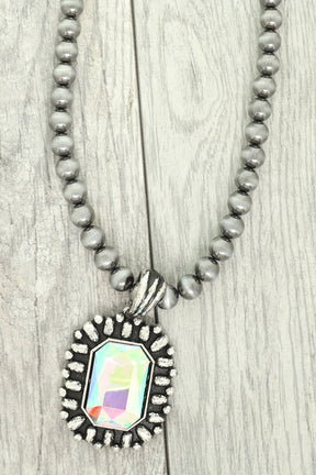Rectangle Crystal Pendant Bead Necklace - N085SI