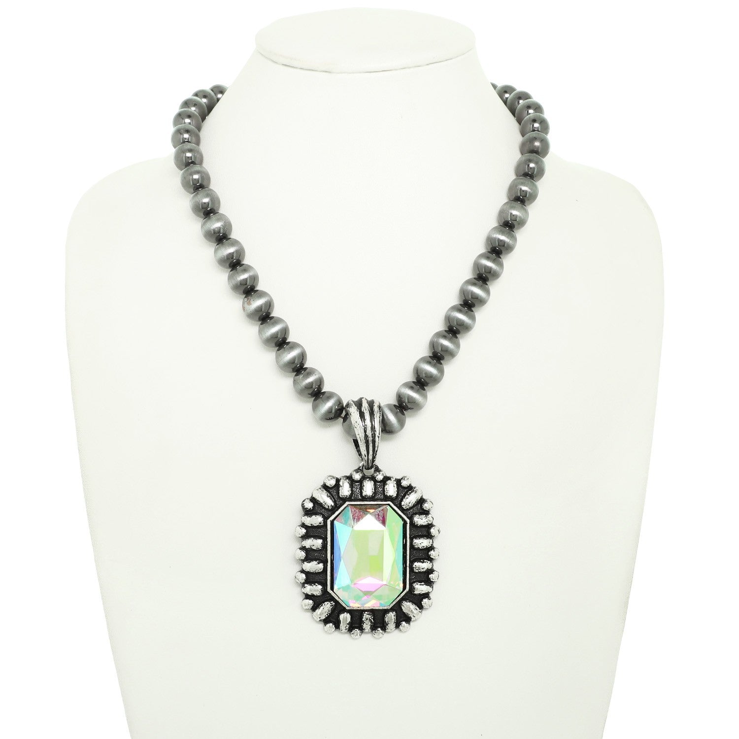 Rectangle Crystal Pendant Bead Necklace - N085SI