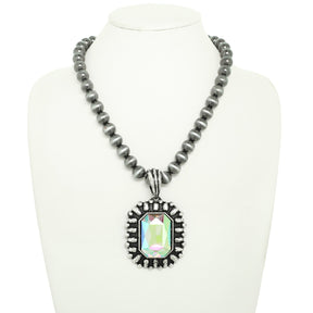 Rectangle Crystal Pendant Bead Necklace - N085SI