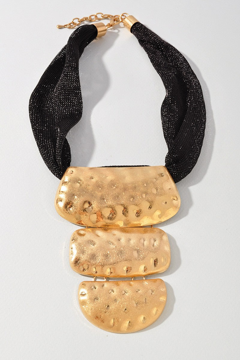 Black Hammered Metal Statement Pendant Necklace - N084BK