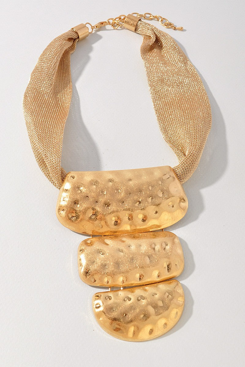Gold Hammered Metal Statement Pendant Necklace - N083GO