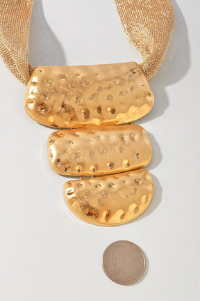 Gold Hammered Metal Statement Pendant Necklace - N083GO