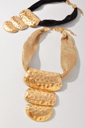 Black Hammered Metal Statement Pendant Necklace - N084BK