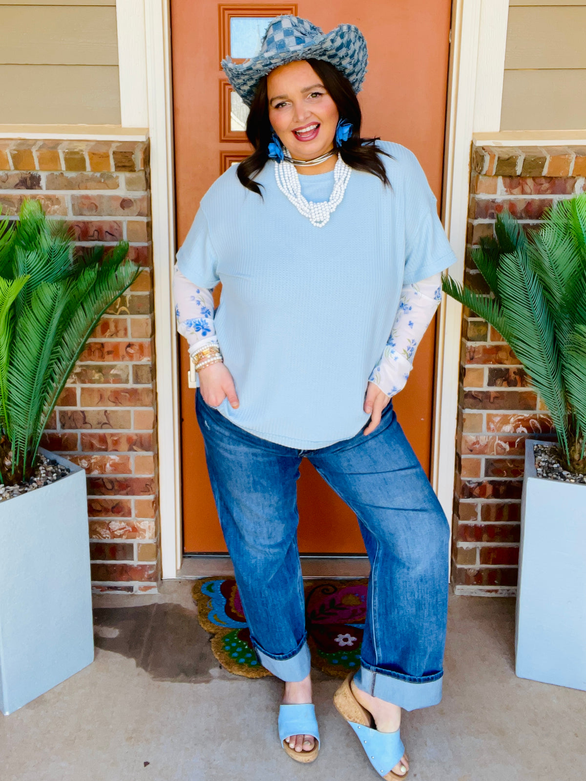 Under The Radar Waffle Floral Sleeve Top