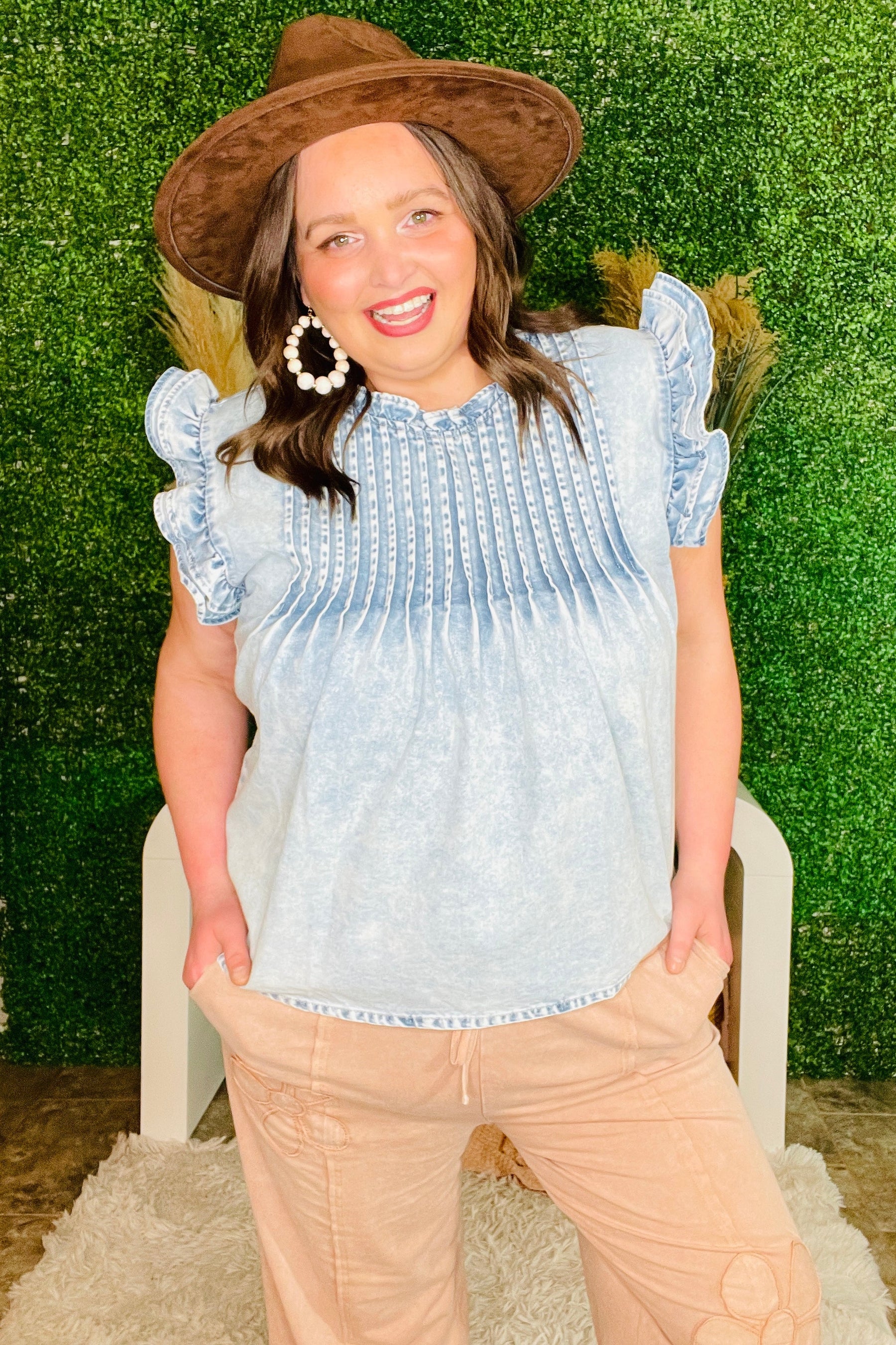 Move Over Ruffle Pleated Vintage Denim Top