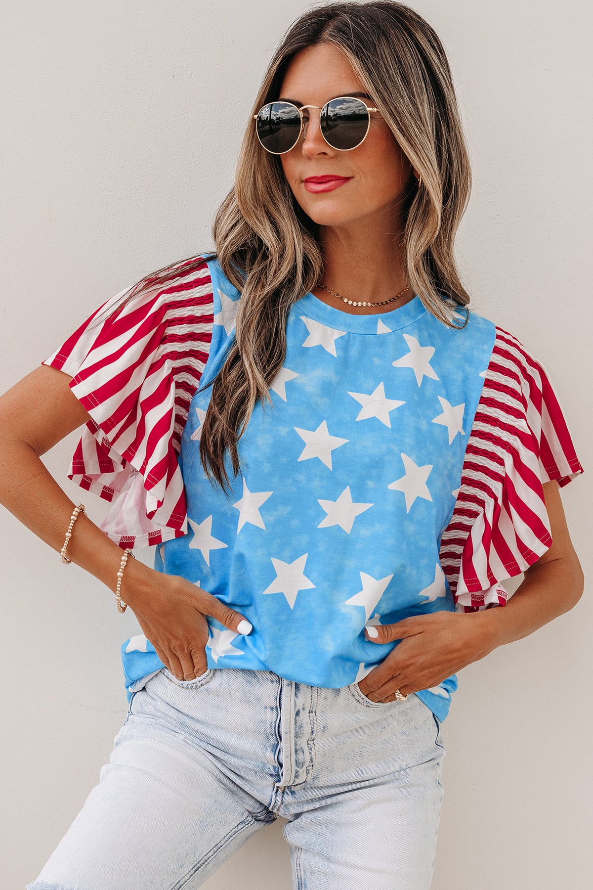 Raised On Freedom Vintage Star Print Striped Ruffle Sleeve Top