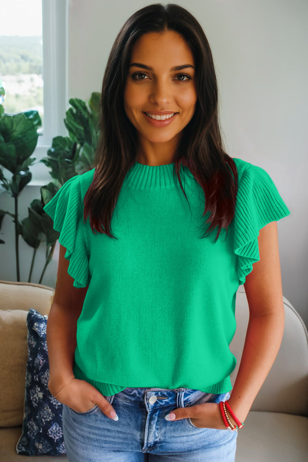 Daily Classic Green Ruffle Sleeve Top