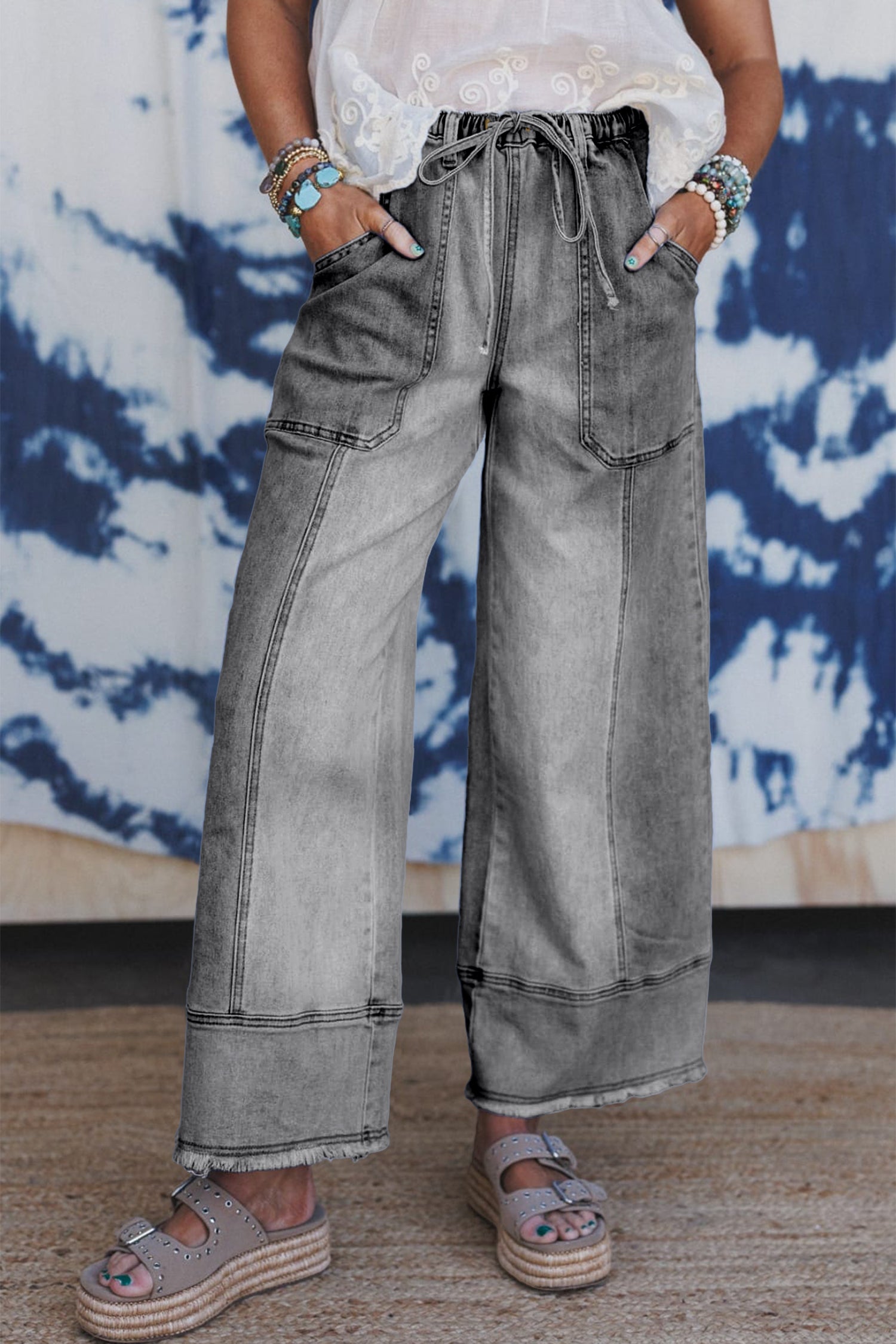 Worth Your While Gray Drawstring Wide Leg Denim Pant