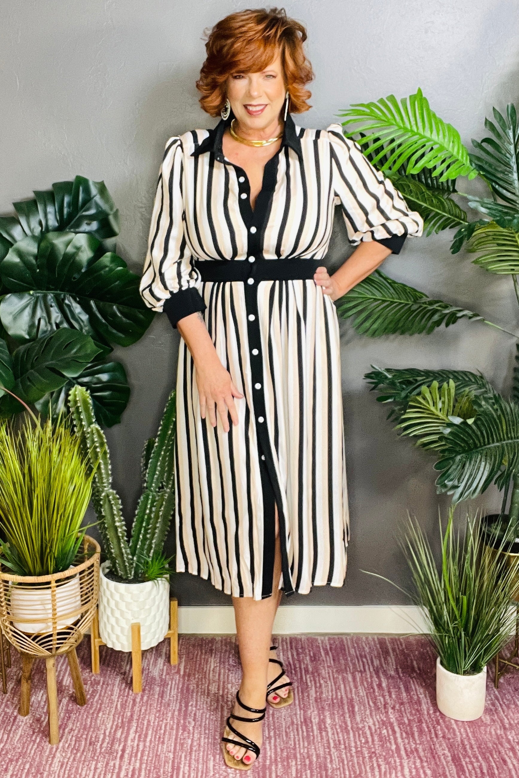 Live Your Life Stripe 3/4 Puff Sleeve Midi Dress