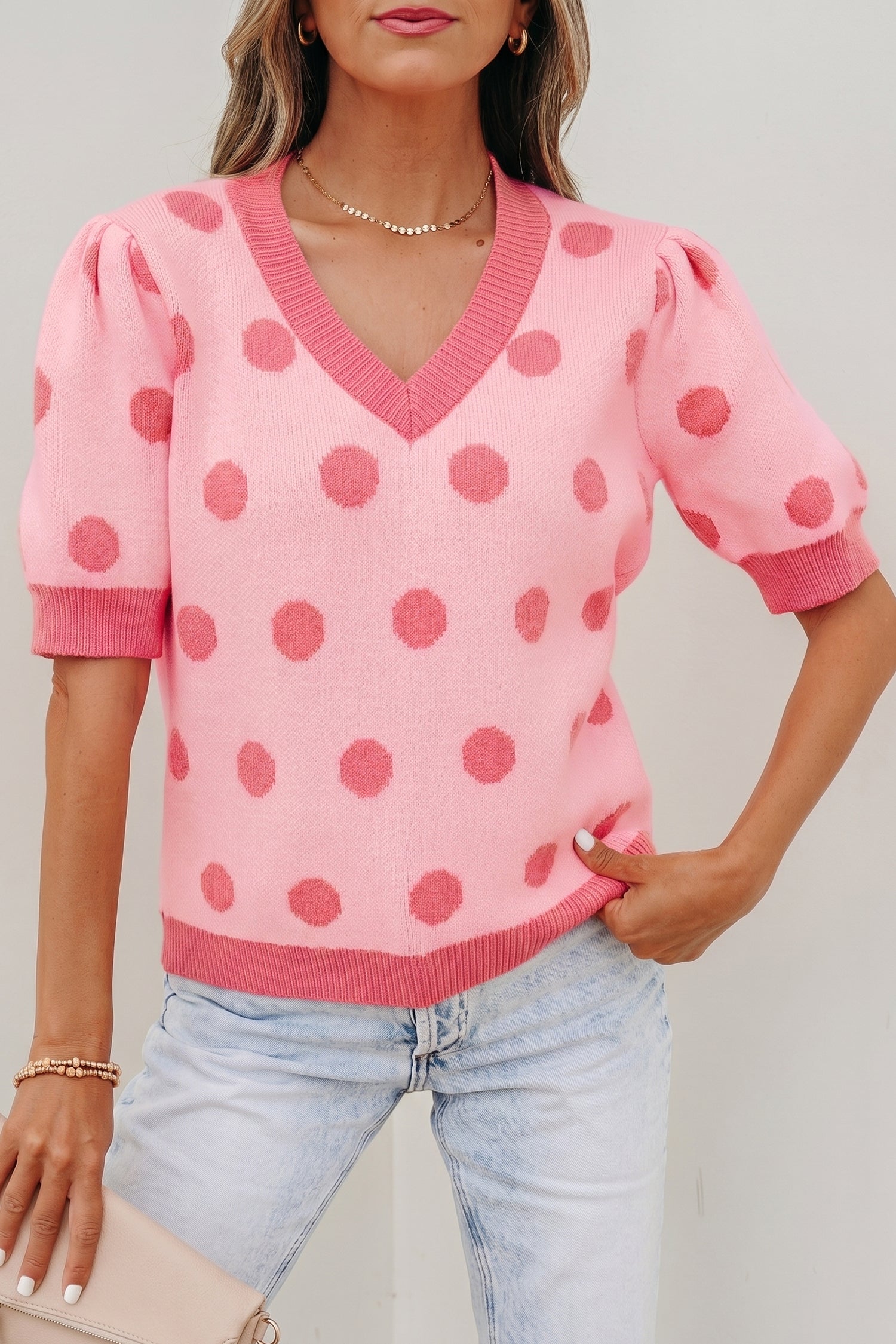 Haute Spot Rose Red Polka Dot Sweater Top
