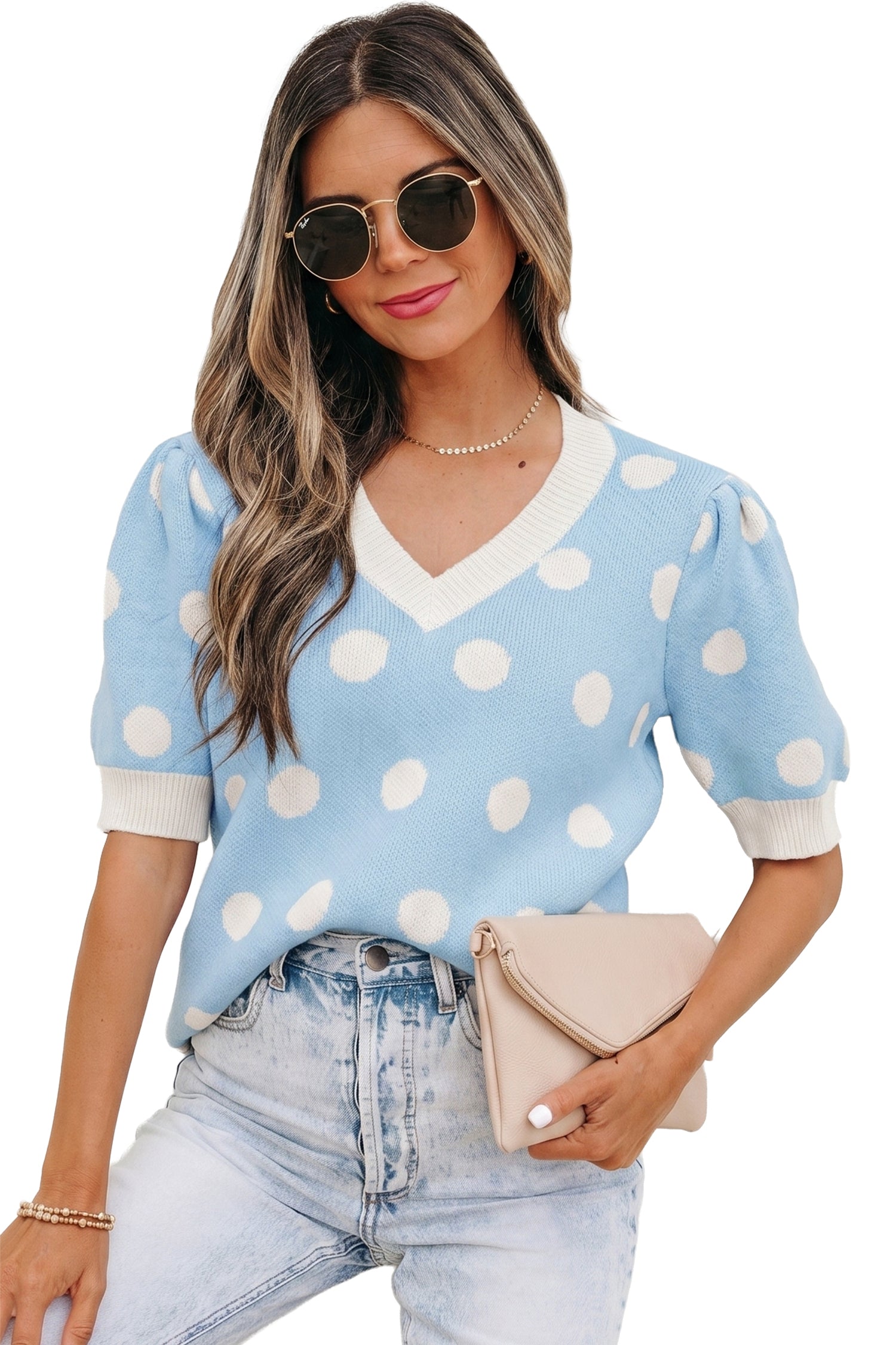 Haute Spot Blue Polka Dot Sweater Top