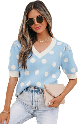 Haute Spot Blue Polka Dot Sweater Top