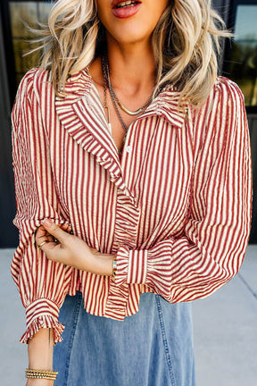 Crimson And Cream Stripe Ruffle Top