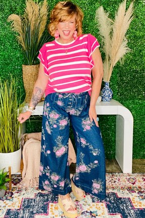 Vintage Rose Floral Print Wide Leg Jeans