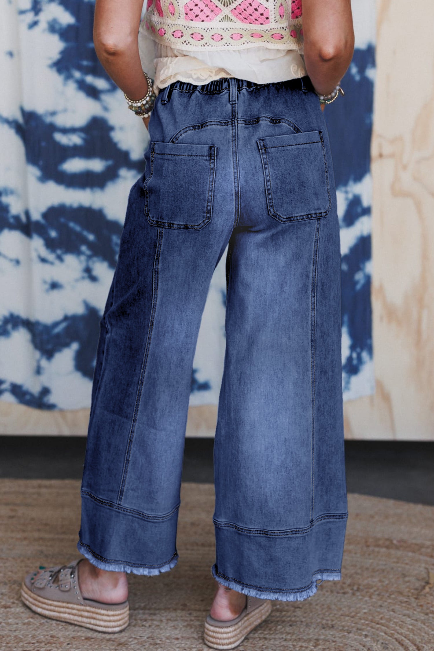 Worth Your While Dark Blue Drawstring Wide Leg Denim Pant