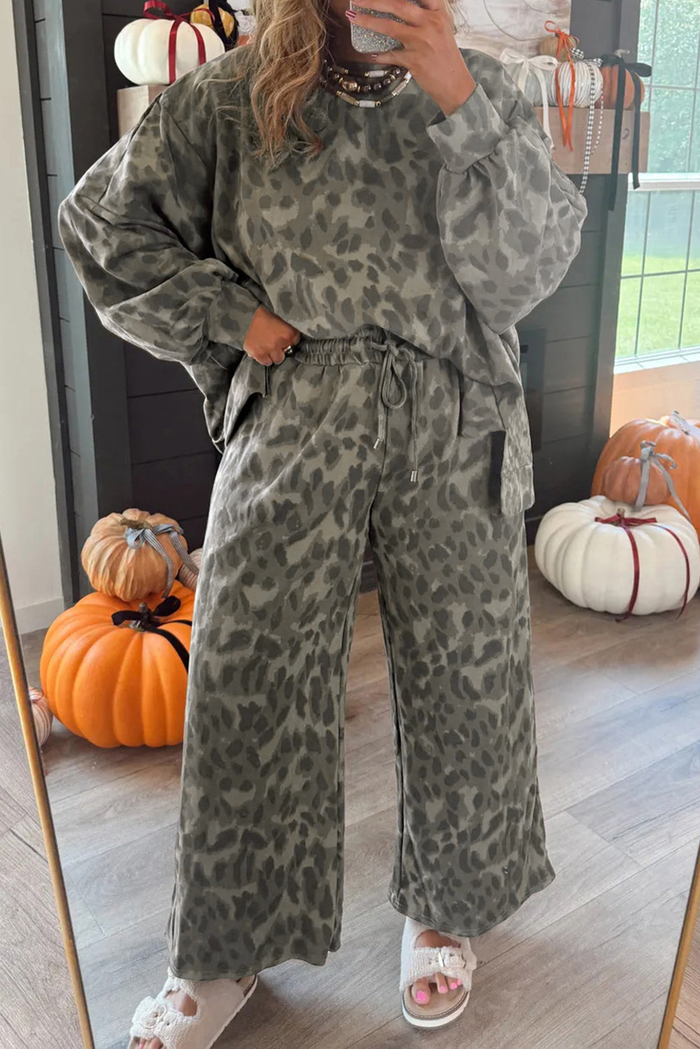 Lounge About Town Gray Leopard Set