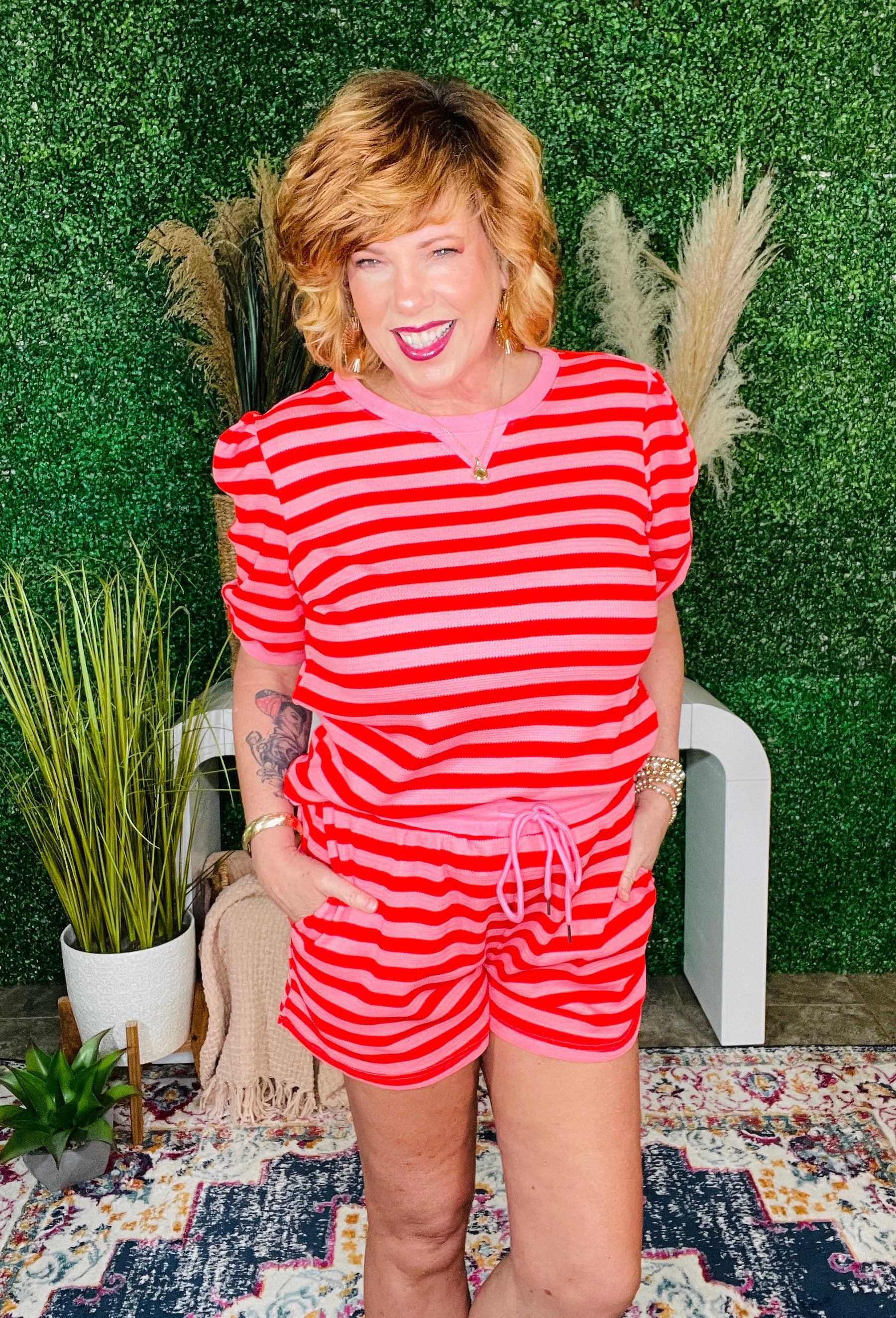 Girl On The Go Red Stripe Top And Shorts Set