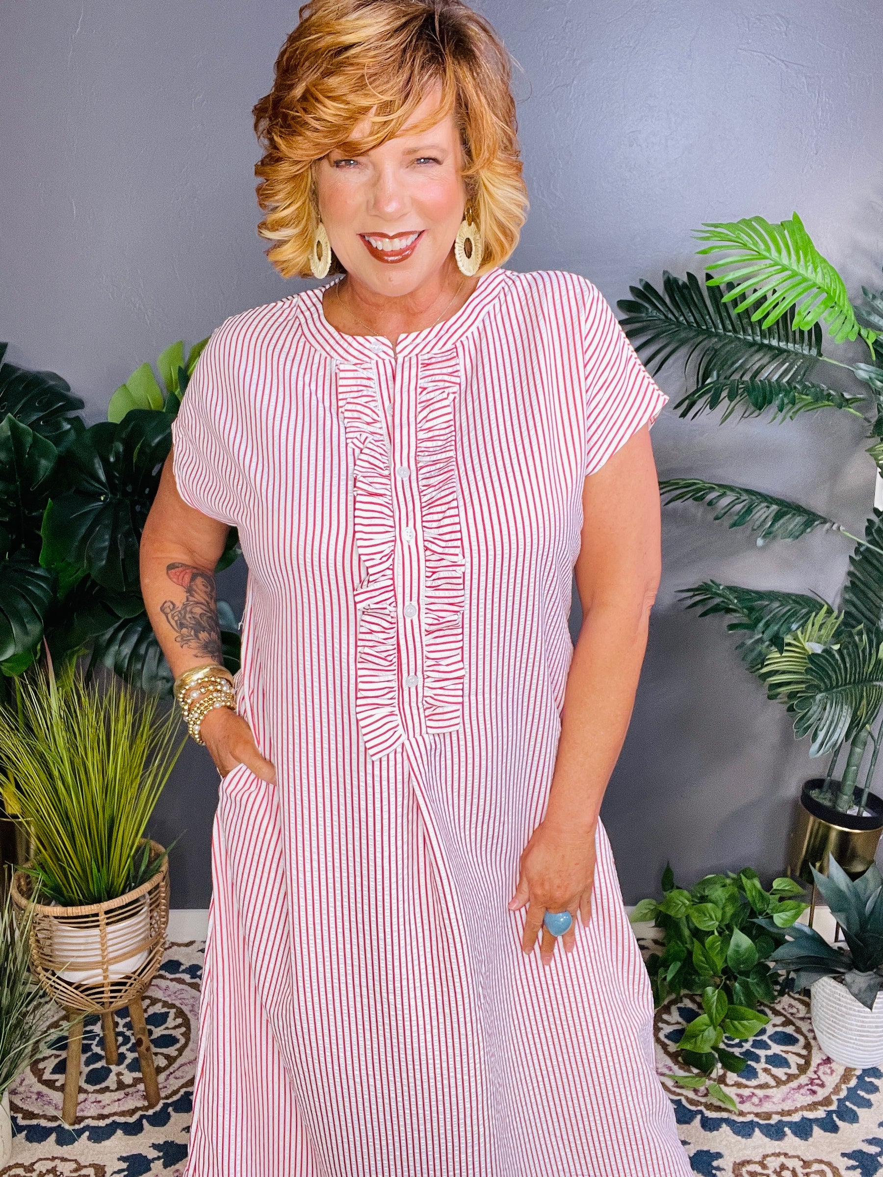 Country Charm Red Stripe Frilled Detail Dress