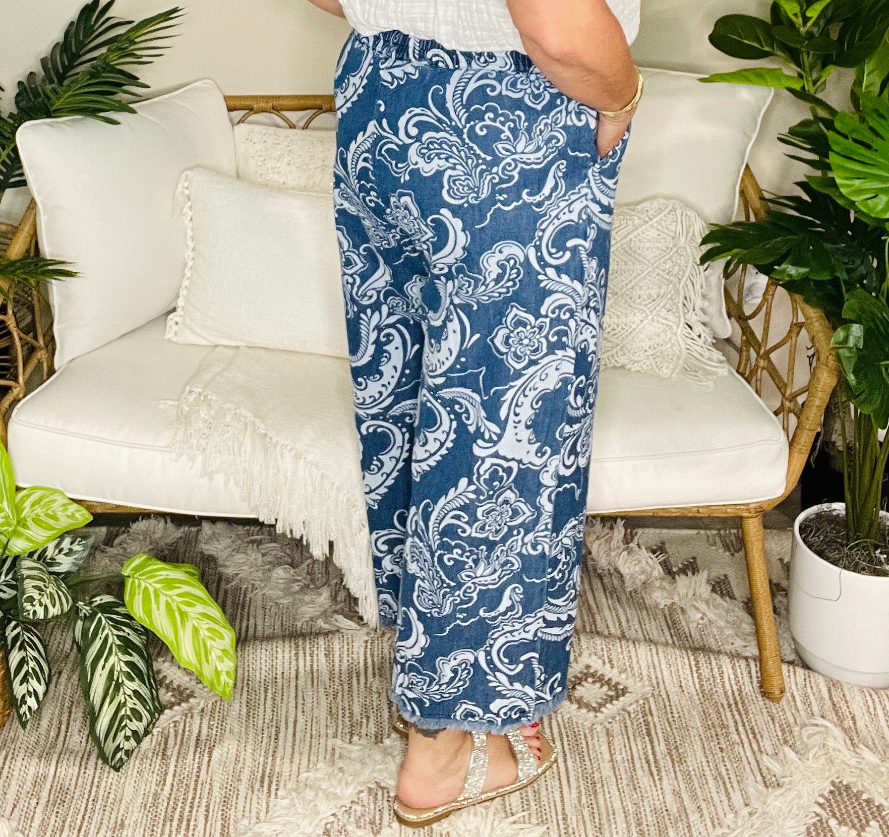 Paisley Dreams Stone Wash Wide Leg Crop Pants