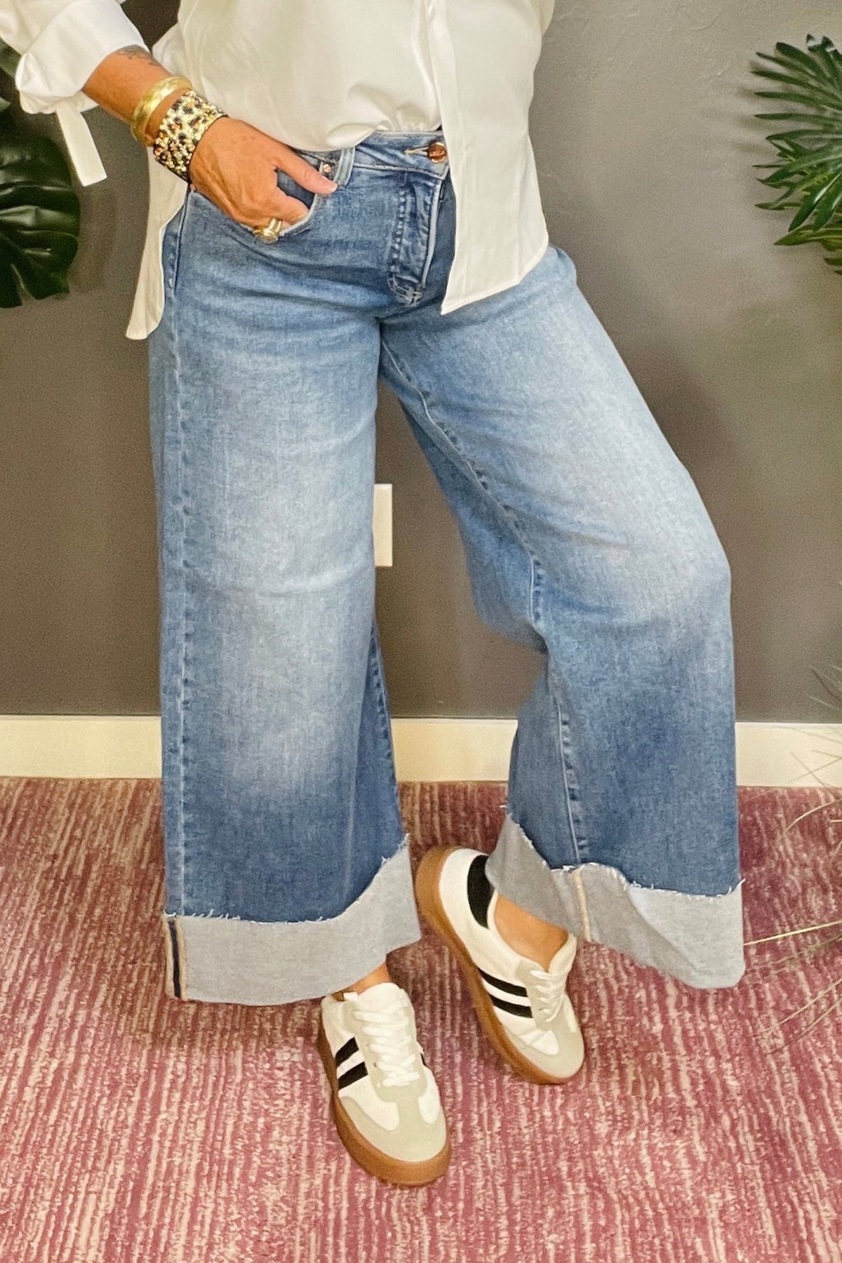 Reagan Full Size Tummy Control High Rise Crop Wide Cuffed Jeans