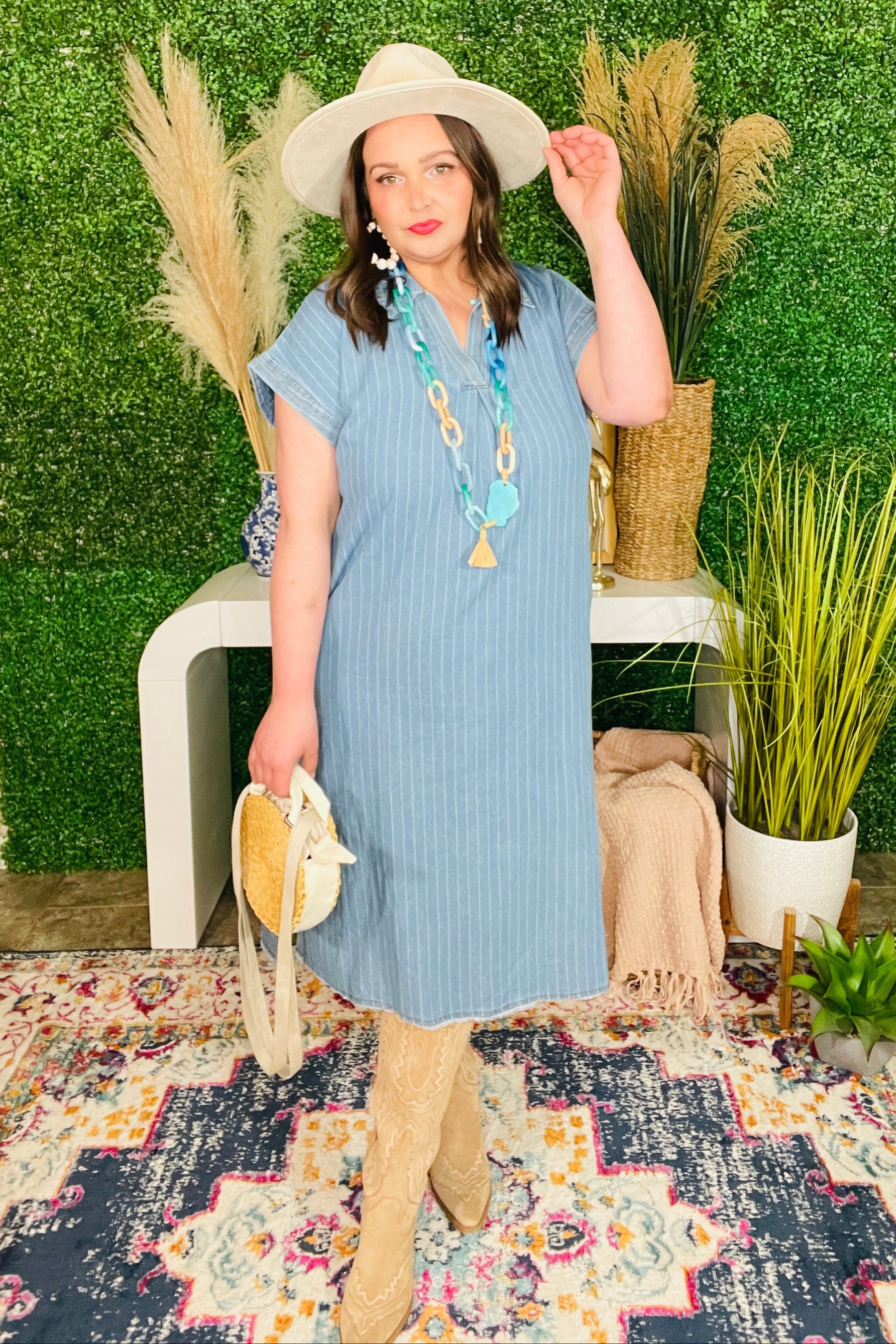 Chambray Charm Pinstripe Denim Midi Dress