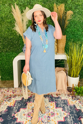 Chambray Charm Pinstripe Denim Midi Dress