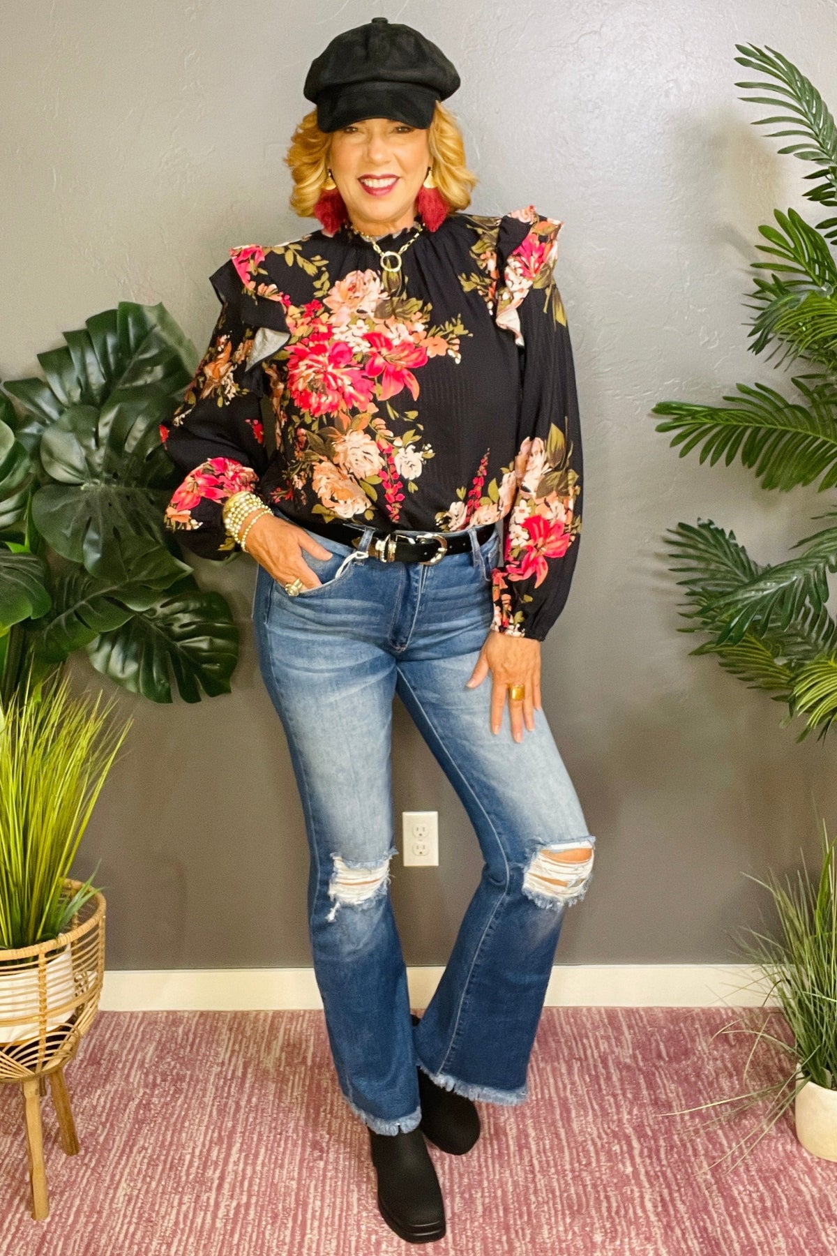 Autumn Floral Black Mix Top - S019BK