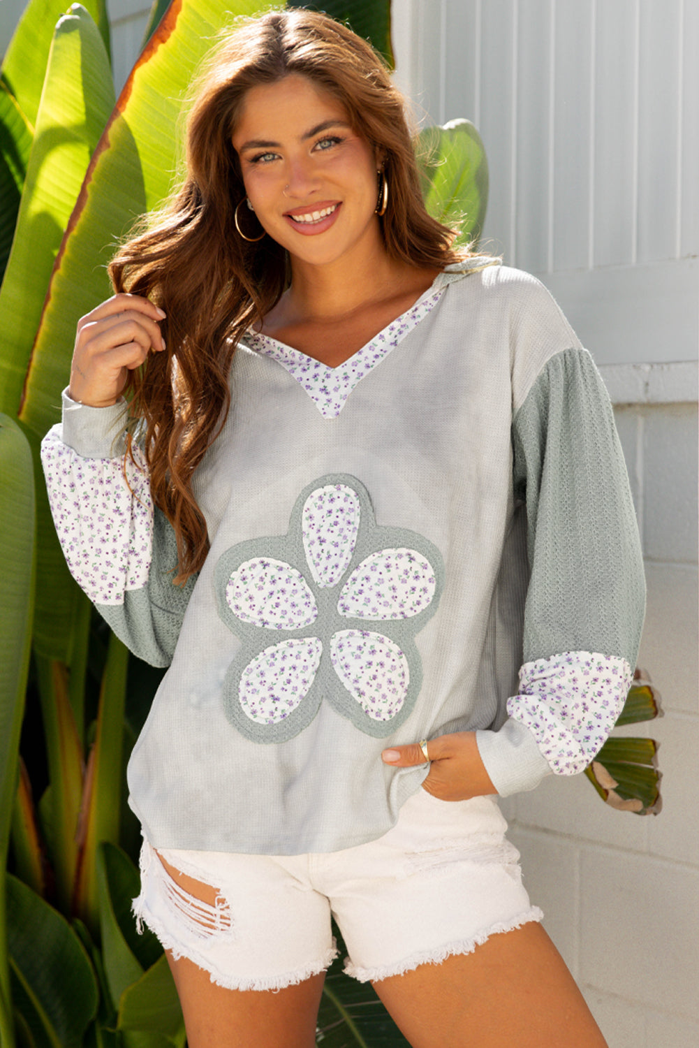 Simply Patched Green Waffle V Neck Top