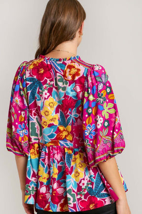 Mulberry Lane Floral Print Tie Neck Peplum Blouse Plus Size - T11052MB