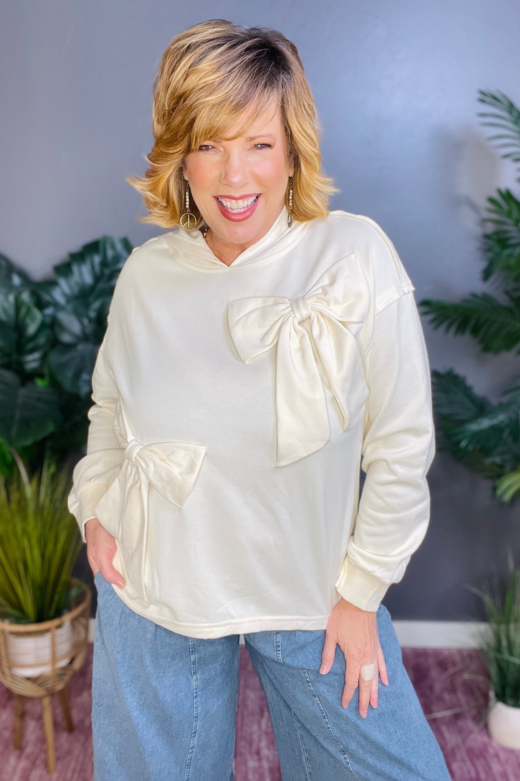 Bows & Chill Bow Detail Cream Hoodie