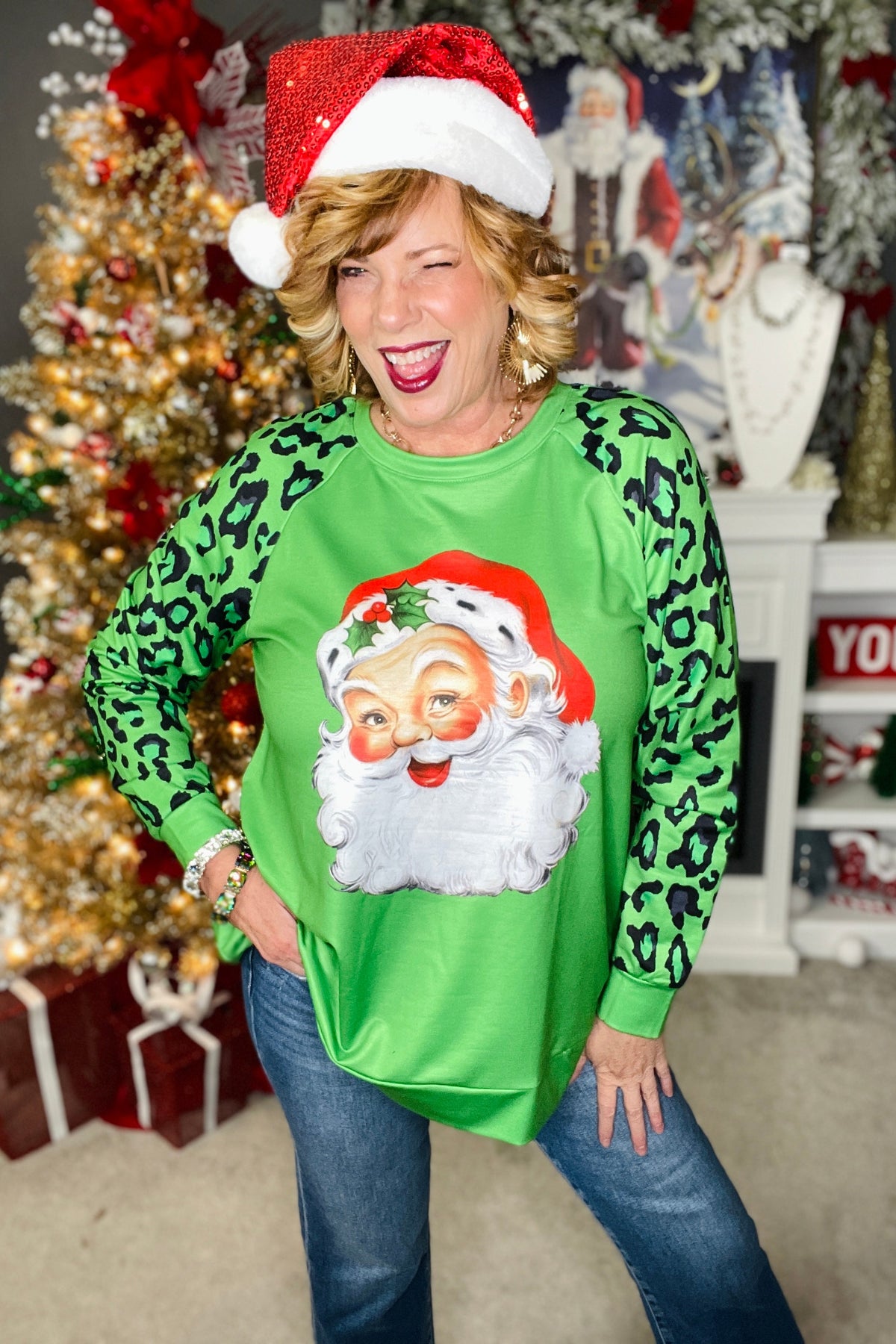 Christmas Santa Print Green Leopard Top - S182GN