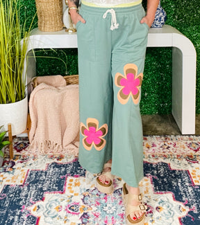 Boho Feels Sea Green Flower Patchwork Drawstring Wide Leg Pants