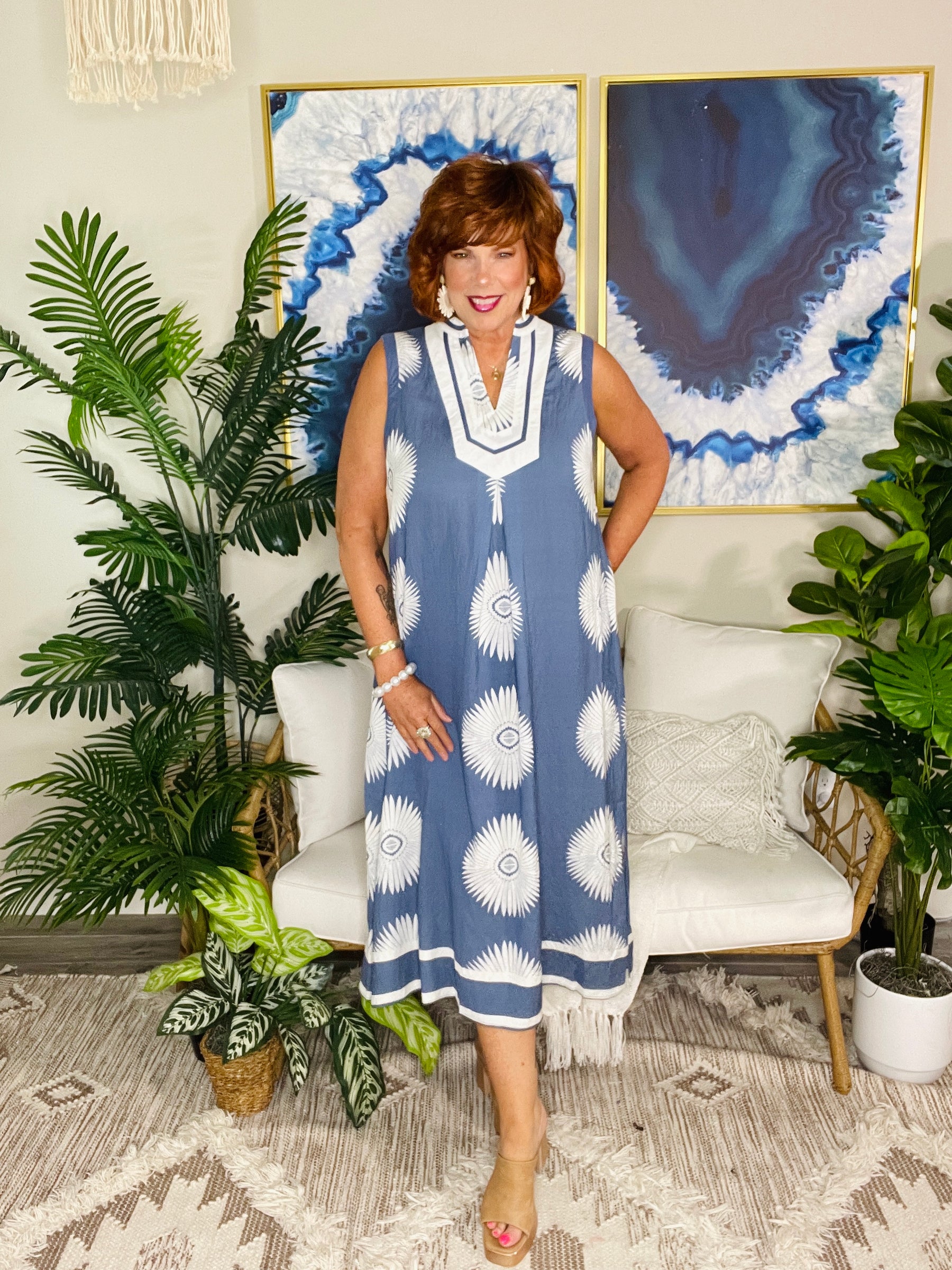 Indigo Paradise Geometric Midi Dress