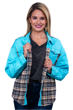 Brighten My Day Turquoise/Multi Color Plaid Jacket - O5566TU