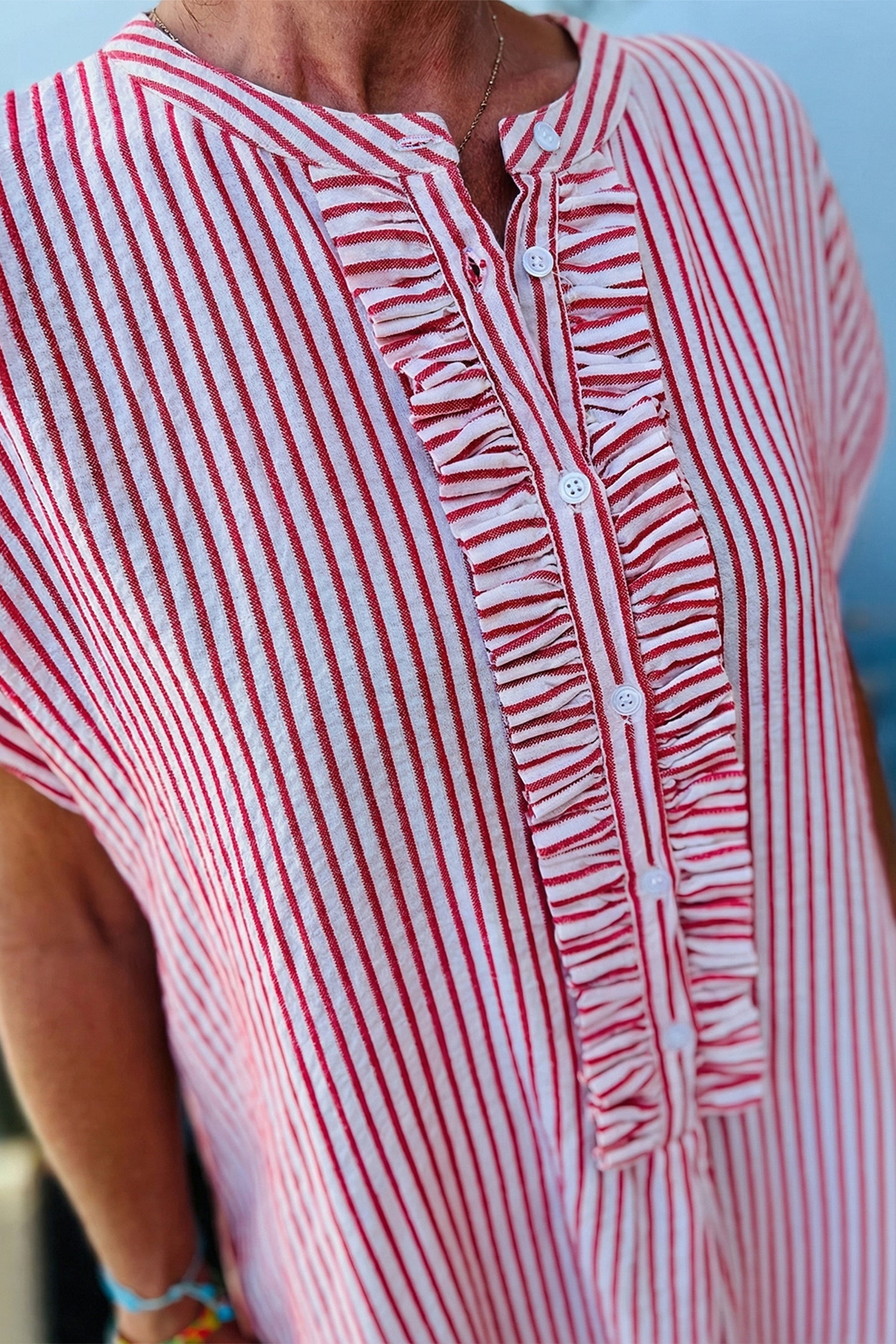 Country Charm Red Stripe Frilled Detail Dress