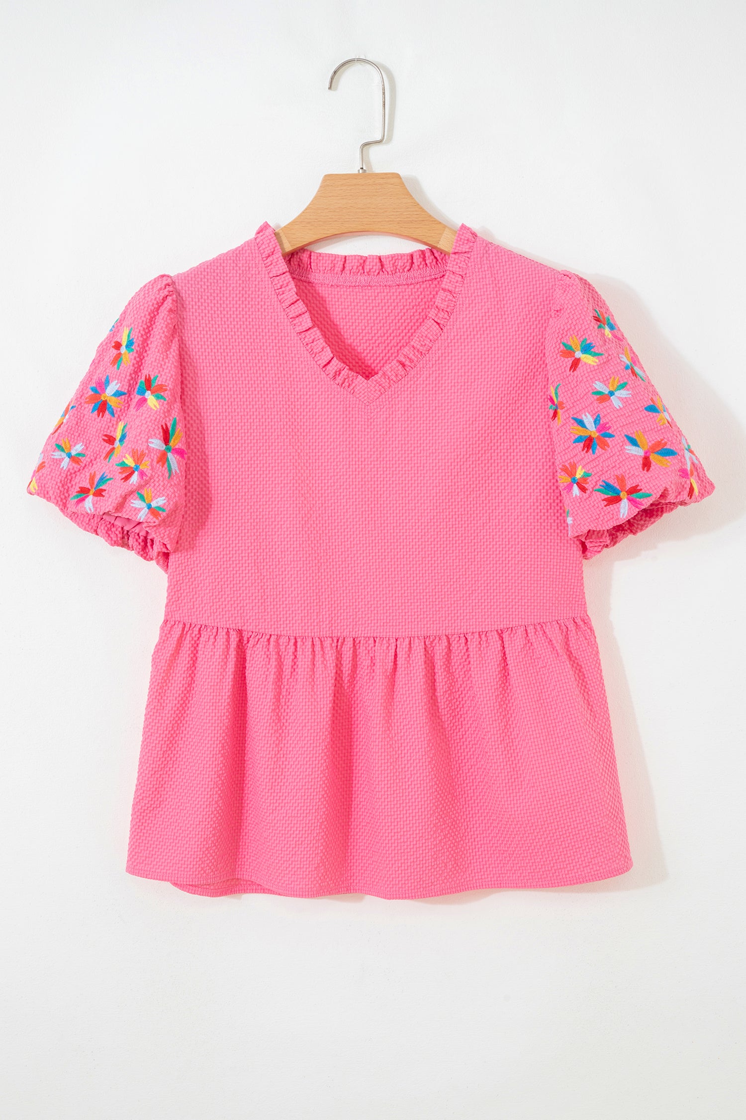 Pink All Day Embroidered Puff Sleeve Textured Top