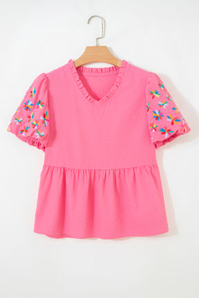 Pink All Day Embroidered Puff Sleeve Textured Top