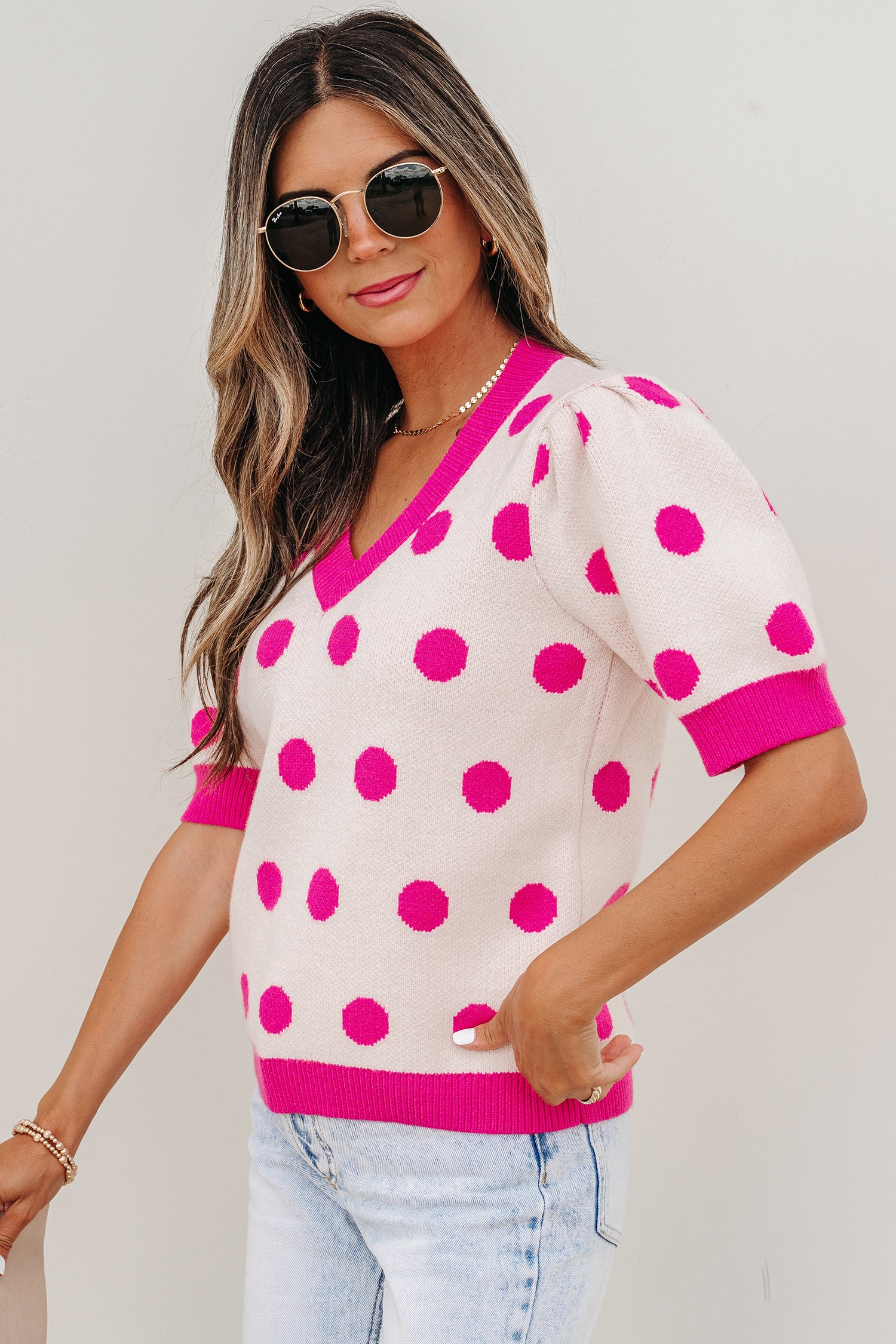 Haute Spot Pink Polka Dot Sweater Top