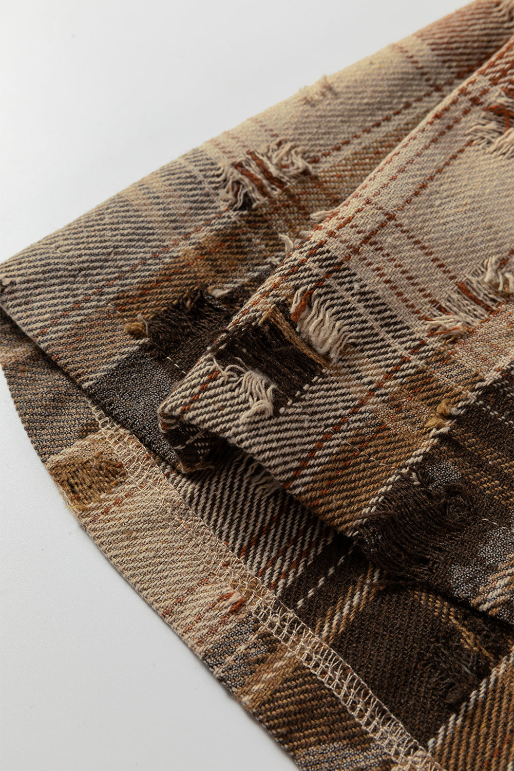 Simply Boho Oatmeal Plaid Patchwork Distressed Waffle Knit Shacket