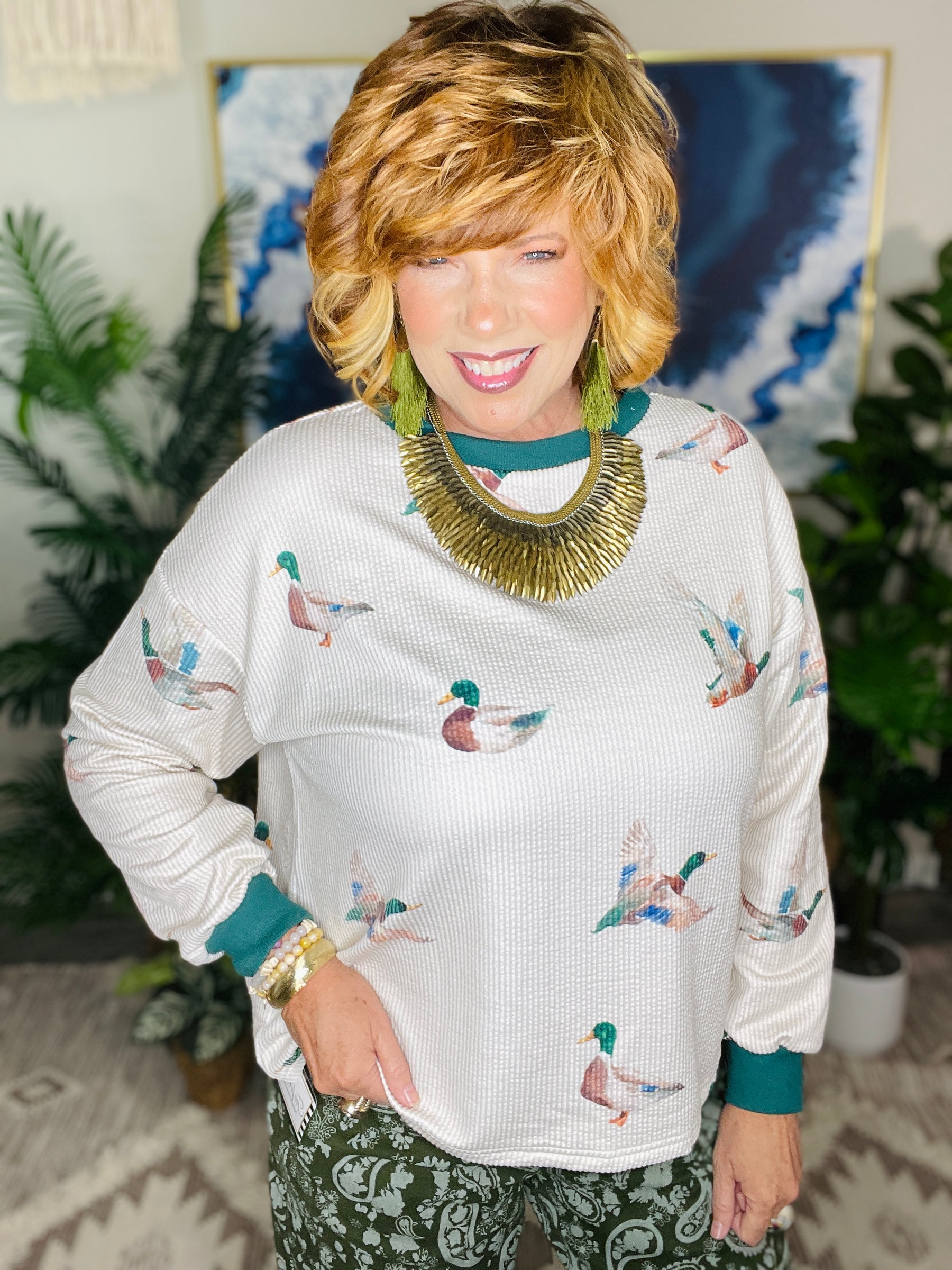 Southern Flight Ribbed Duck Print Top