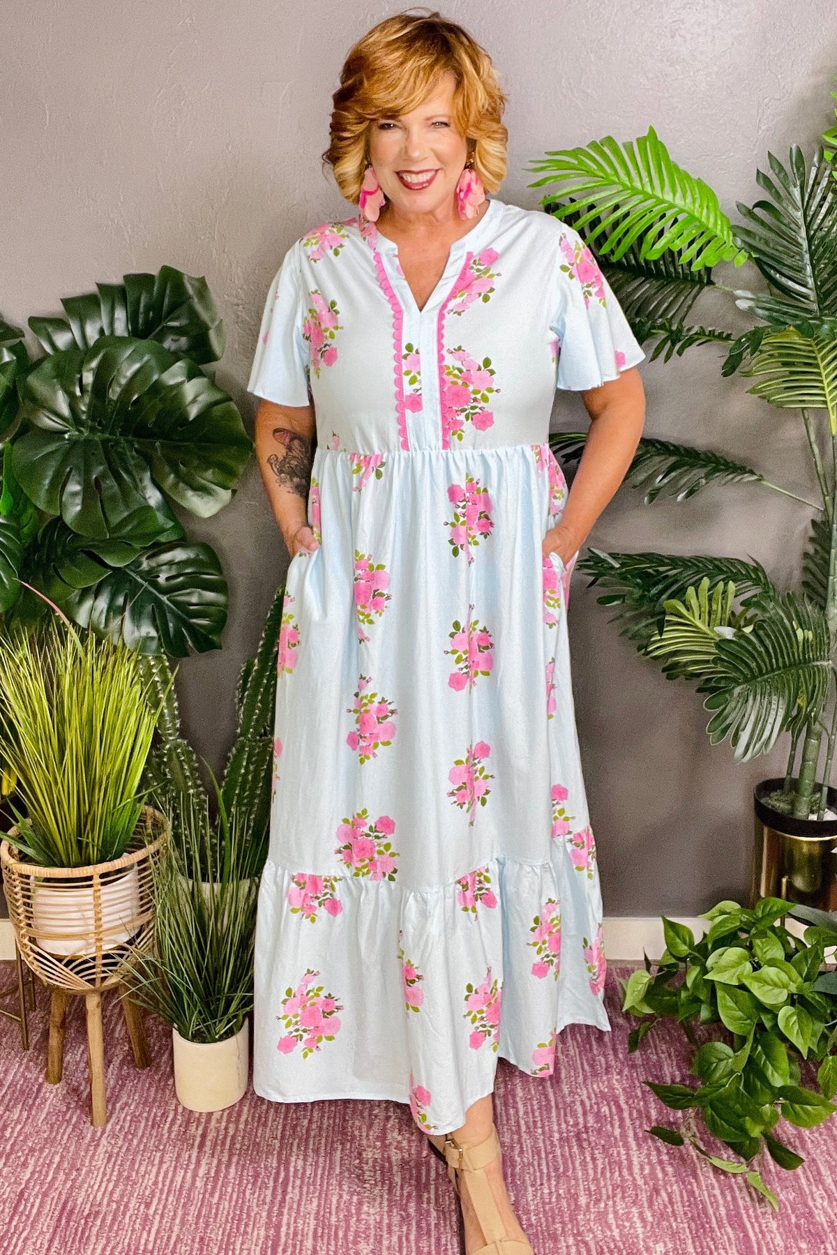Resort Getaway Sky Blue Floral Print Maxi Dress