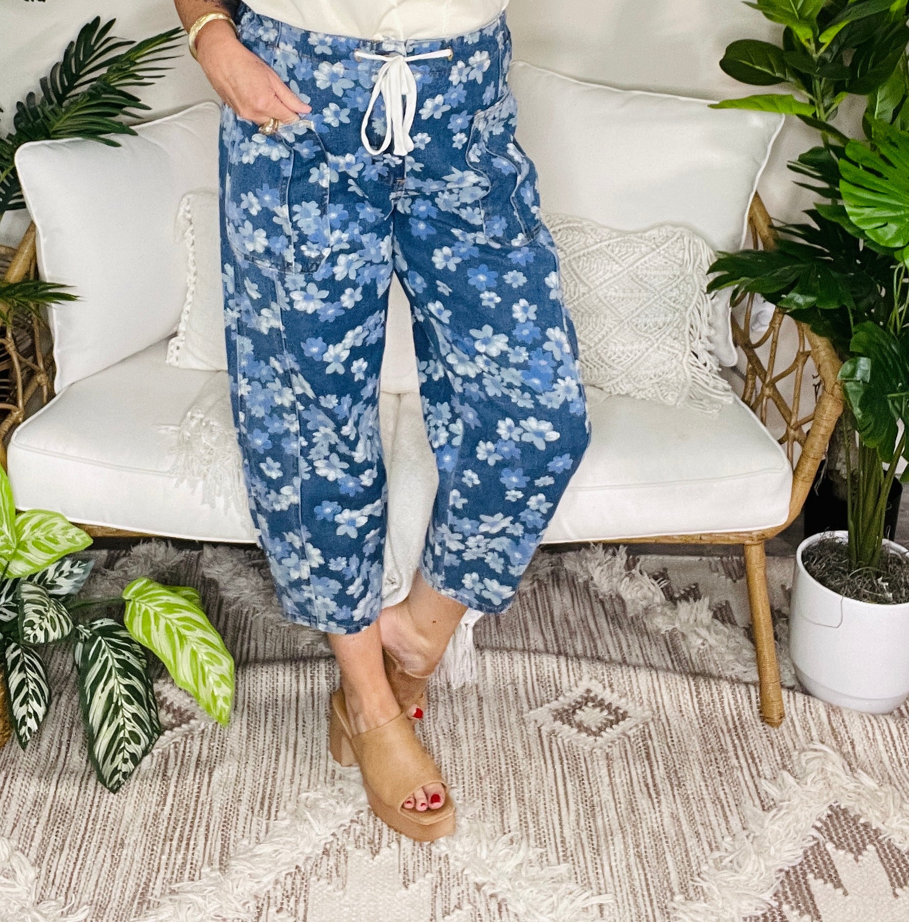 Boho Living Floral Printed Drawstring Barrel Jeans