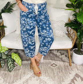 Boho Living Floral Printed Drawstring Barrel Jeans