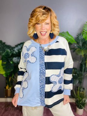 Flower Kissed Patchwork Striped Sweatshirt
