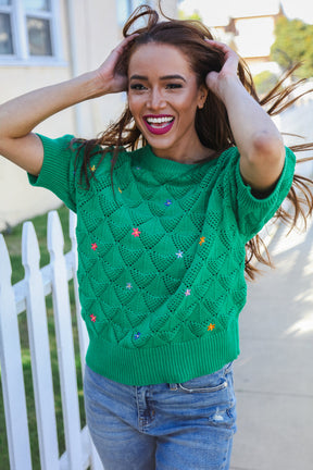 Flower Power Embroidered Crochet Textured Short Sleeve Sweater - T10989GN