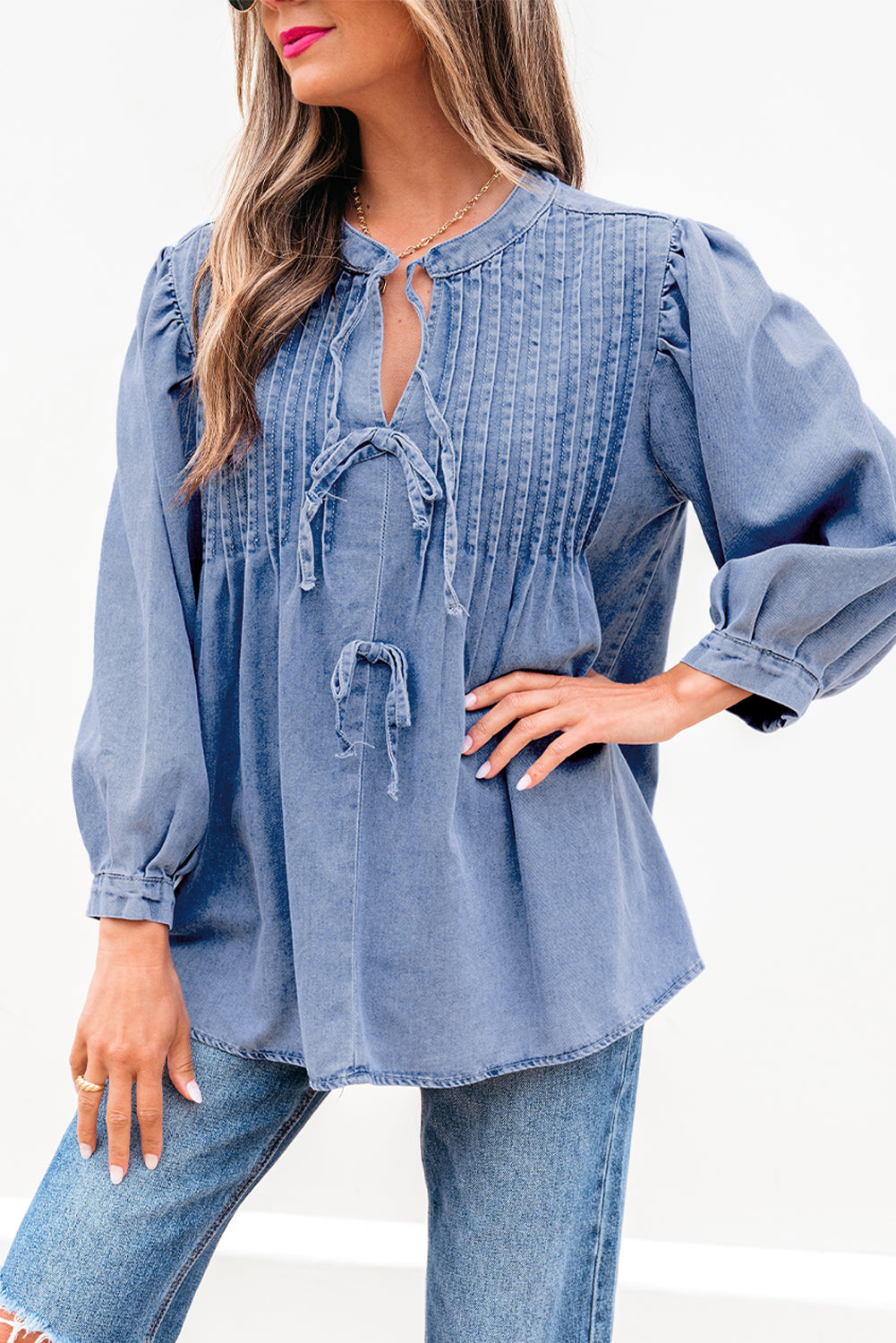 So Little Time Denim Front Bow Tie Top