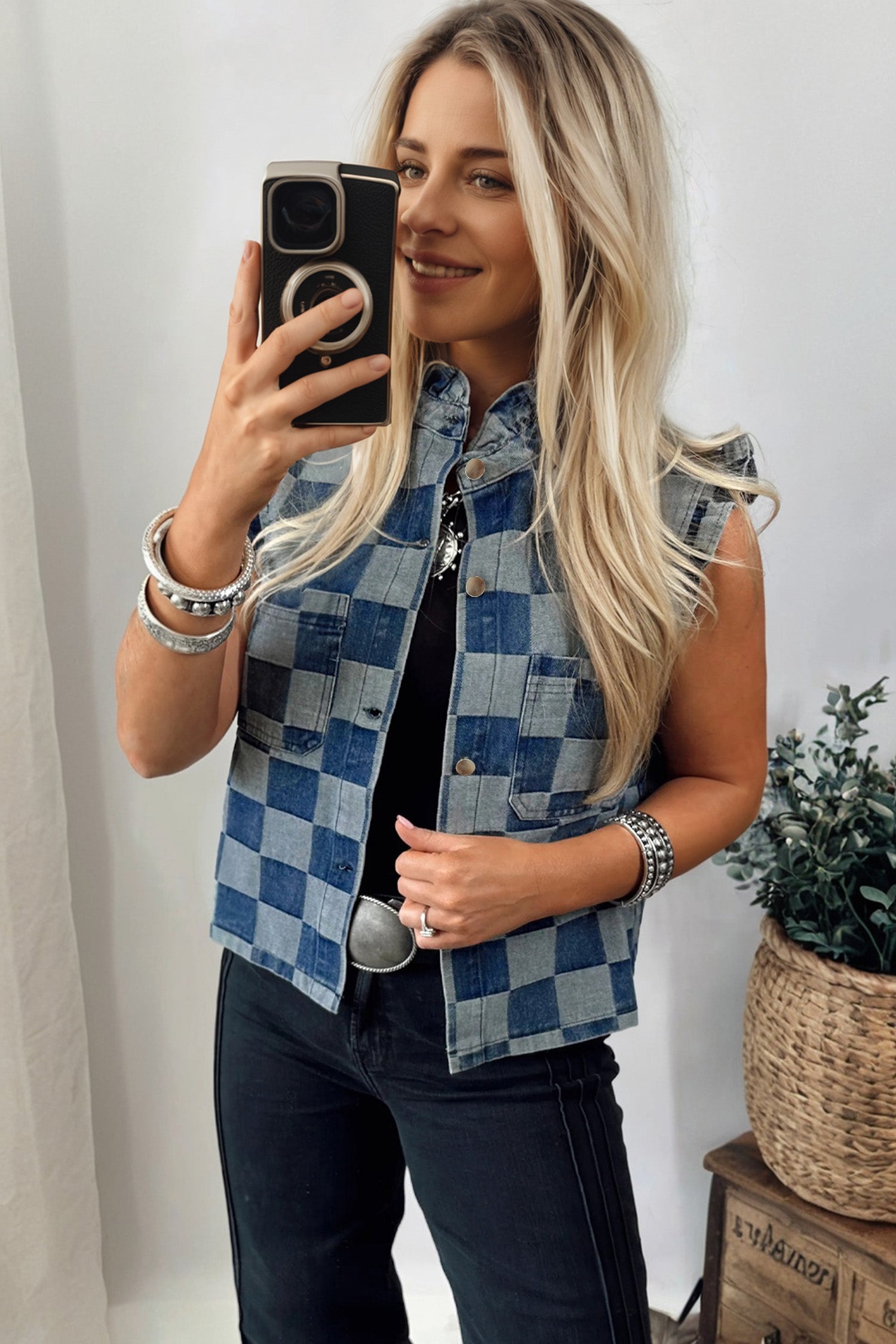 Vibes In Check Denim Vest