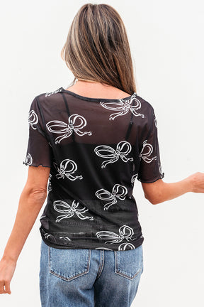 Boldly Tied Black Bow Mesh Sheer Top