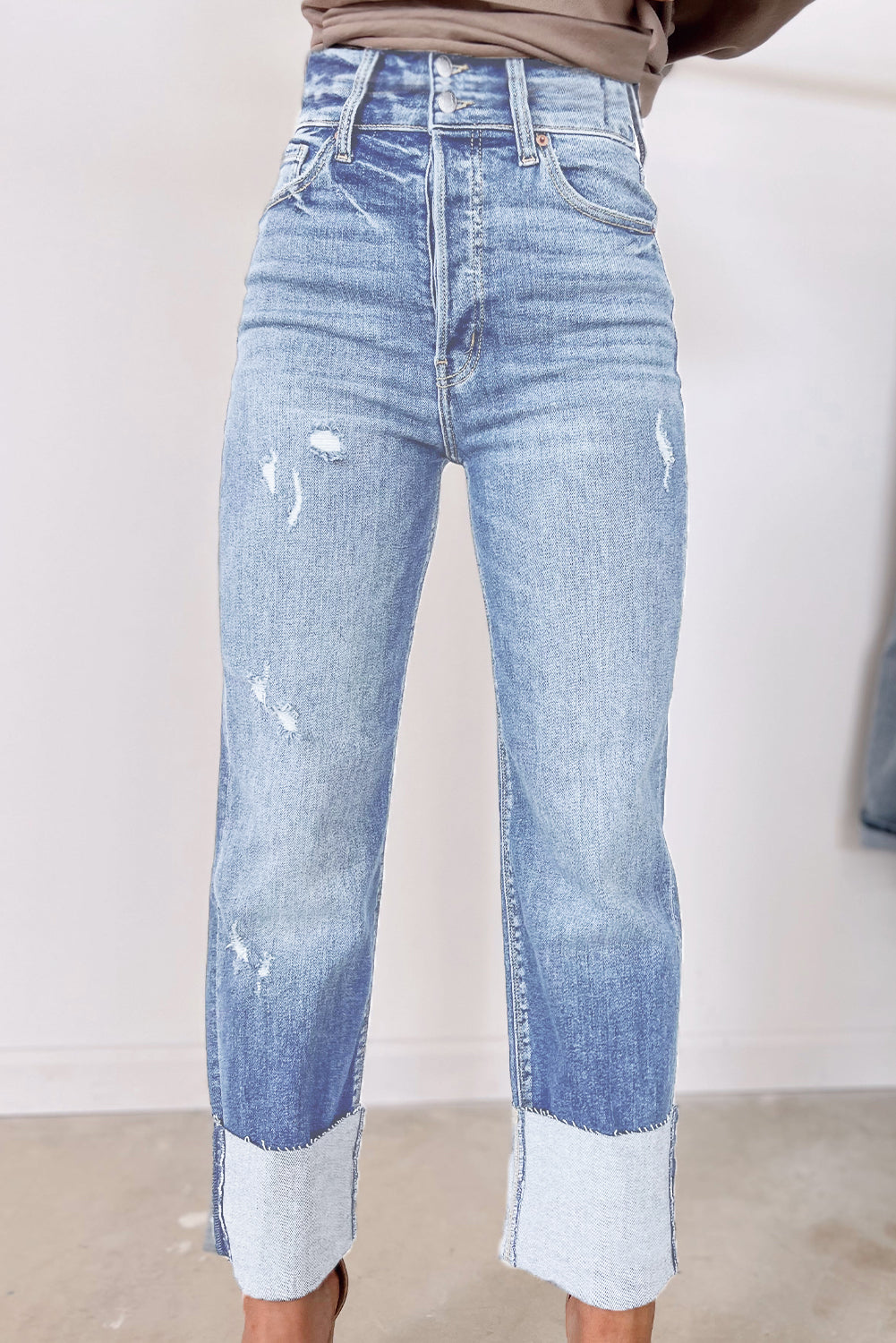 Cara High Waist Light Blue Distressed Straight Leg Jeans