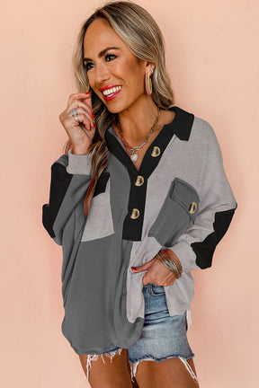 Colorblock Crush Ribbed Collared Oversized Top
